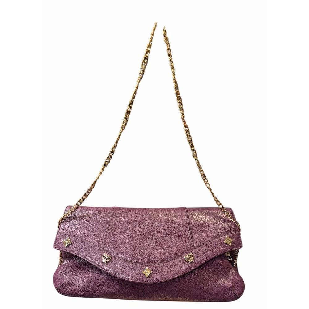 MCM Munich Purple Leather Studded Flap Bag With Unbranded Gold Crossbody Chain